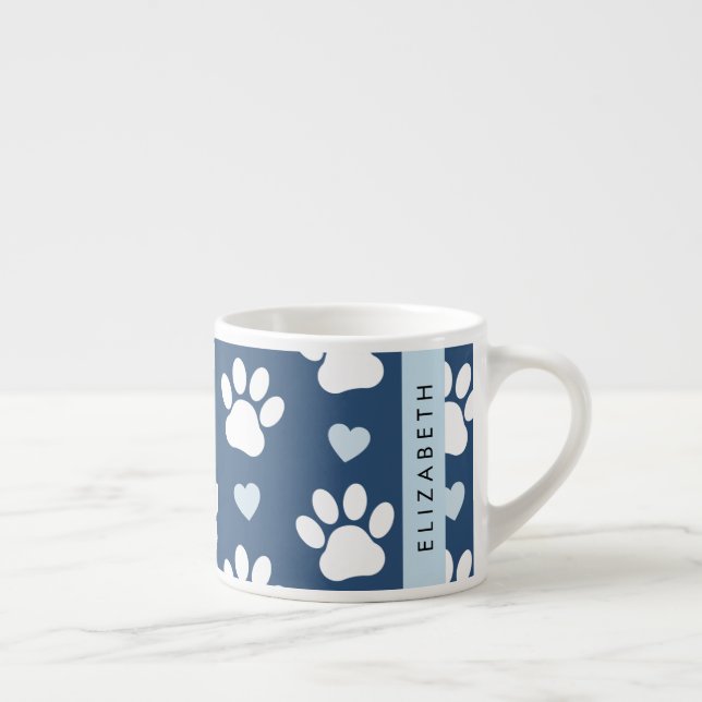Tasse Expresso Chien Paws, White Paws, Blue Hearts, Votre Nom (Droite)