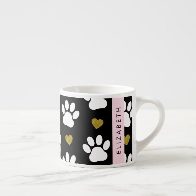Tasse Expresso Chien Paws, White Paws, Gold Hearts, Votre Nom (Droite)
