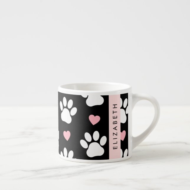 Tasse Expresso Chien Paws, White Paws, Rose Hearts, Votre Nom (Droite)