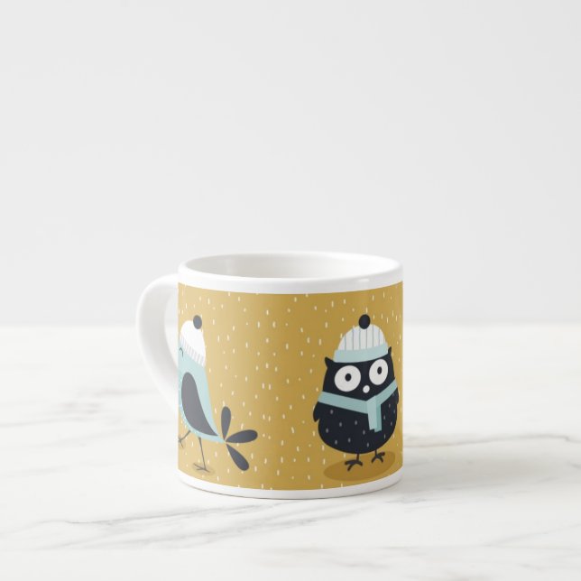 Tasse Expresso Chouette d'hiver et oiseaux Illustration nordique (Devant gauche)