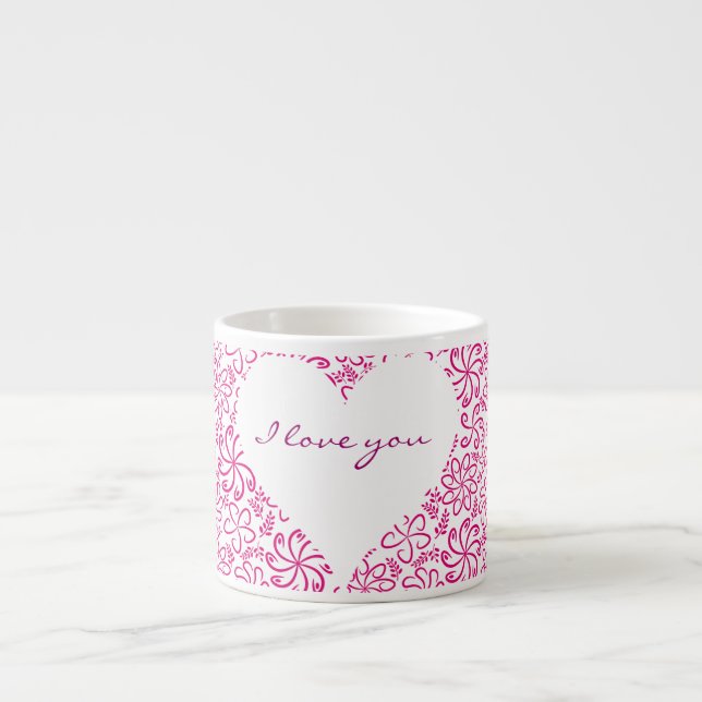 Tasse Expresso Coeur floral en blanc rose avec nom (Devant)