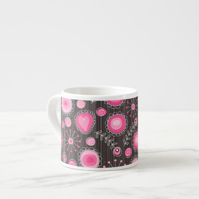 Tasse Expresso Coeurs et fleurs rose et bleu Whimsical (Devant gauche)
