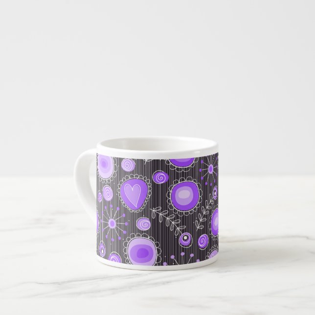 Tasse Expresso Coeurs gris violet blanc et fleurs florales (Devant gauche)