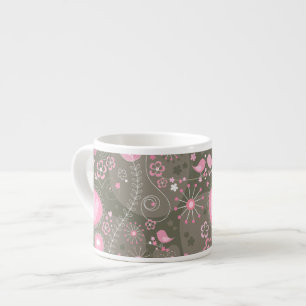 Tasse Expresso Coeurs Whimsical rose et gris, oiseaux et fleurs