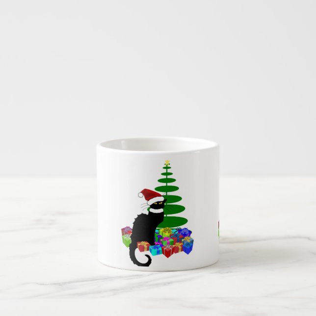 Tasse Expresso Conversation Noir avec arbre de Noël et cadeaux (Devant)