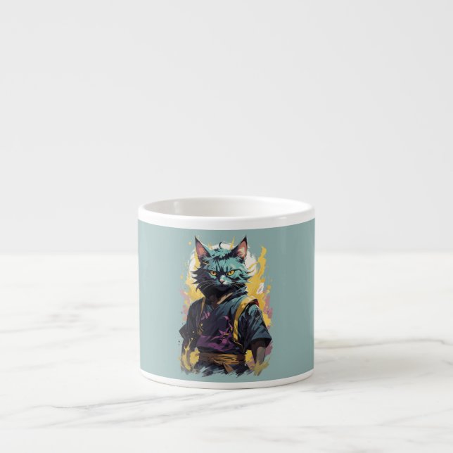 Tasse Expresso Cool Feu Splash Gris Ninja Chat Guerrier (Devant)