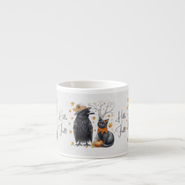 Tasse Expresso Corbeau et chat en automne "Hello Fall" Crow (Devant)