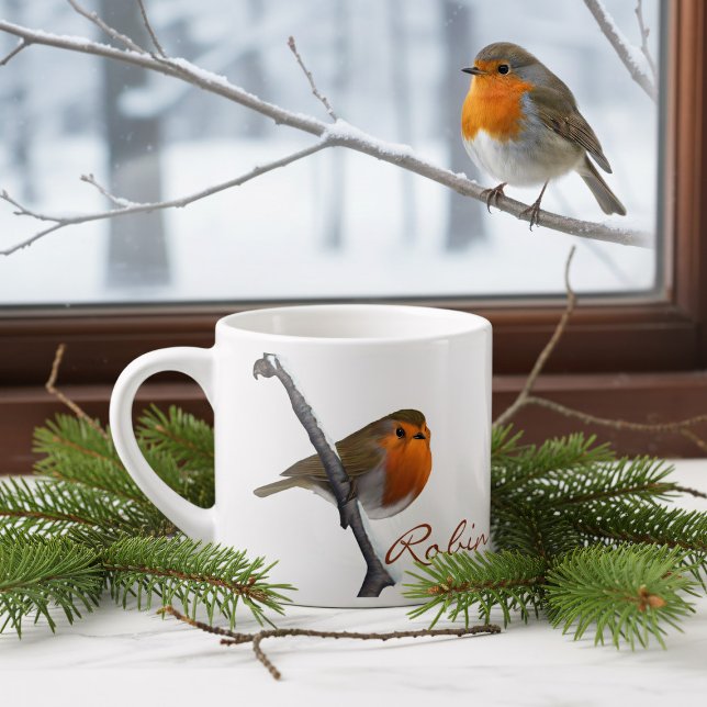 Tasse Expresso Coupe d'Espresso Robin d'hiver personnalisée (Bring the beauty of nature indoors with this enchanting personalized robin espresso cup.)