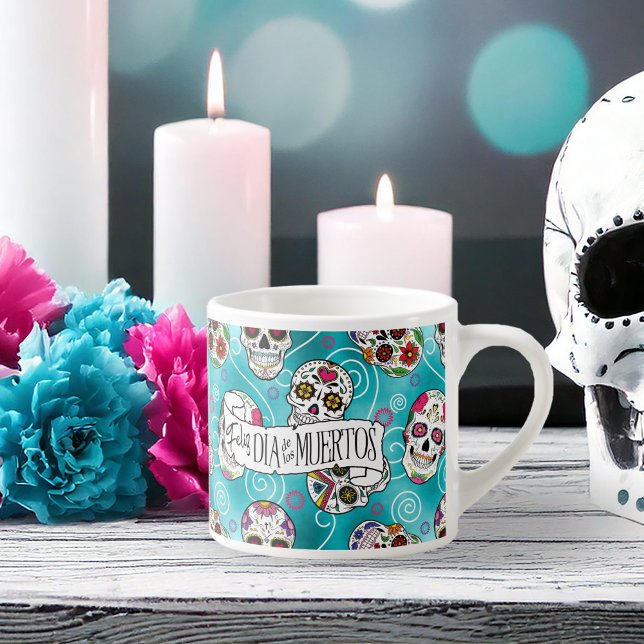 Tasse Expresso Crânes à sucre et tourbillons Rose Turquoise ID725 (Créateur téléchargé)