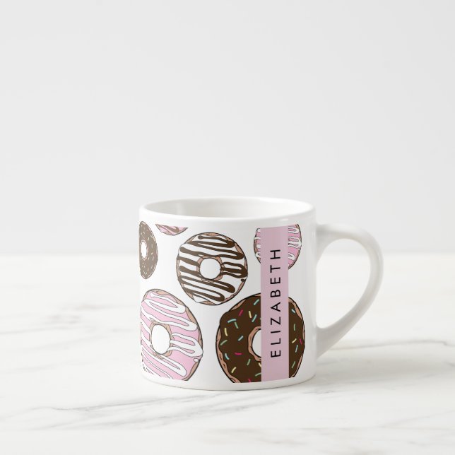 Tasse Expresso Donuts Roses, Donuts Brown, Sprinkings, Votre Nom (Droite)
