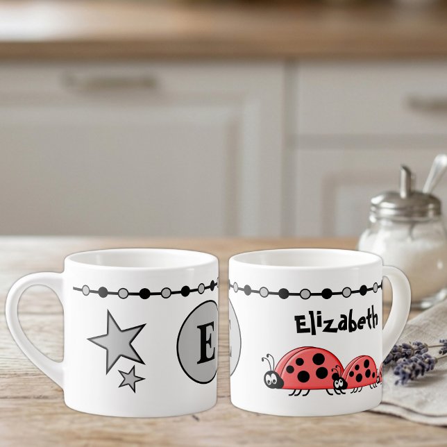 Tasse Expresso Doux coccinelles nom initiale gris enfants (Créateur téléchargé)