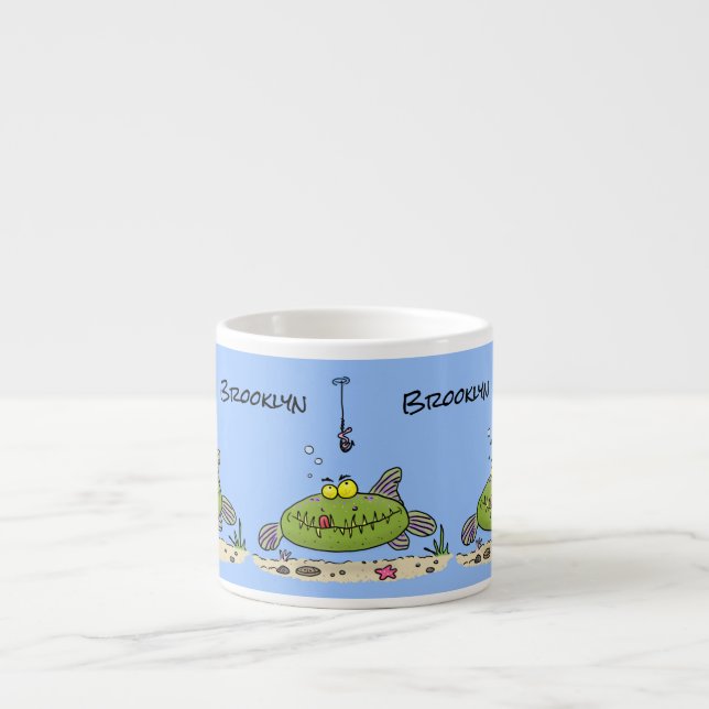 Tasse Expresso Drôle gras affamé poisson vert dessin de pêche (Devant)