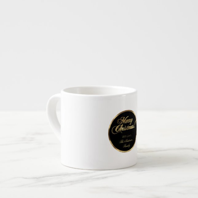 Tasse Expresso Élégant Script moderne Noir et Or Noël (Devant gauche)