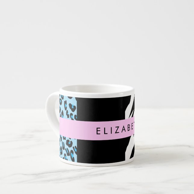 Tasse Expresso Empreinte de léopard, Zebra Print, Bleu, Votre nom (Devant gauche)