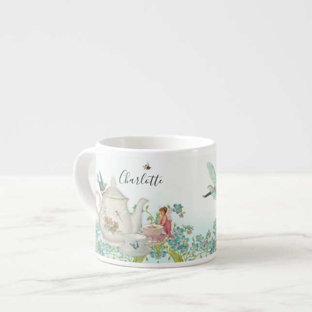Tasse Expresso Fairy Garden Tea Party Blue Floral Dragonfly Bee (Devant gauche)