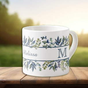 Tasse Expresso Feuilles de Bleu Indigo Bordure Monogramme
