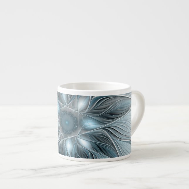 Tasse Expresso Fleur abstraite joyeuse bleu gris floral fractal (Devant droit)