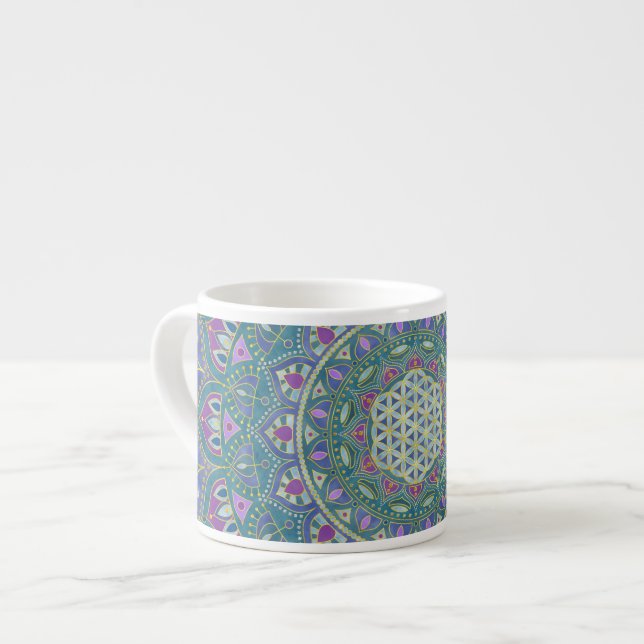 Tasse Expresso Fleur de Vie - Mandala de style indien 1 (Devant gauche)