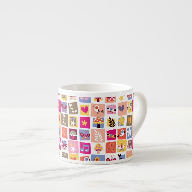 Tasse Expresso fleurs mignonnes, oiseaux, motif de carrés de (Devant droit)