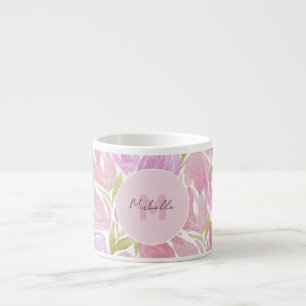 Tasse Expresso Floral Fuchsia Aquarelle rose Monogramme