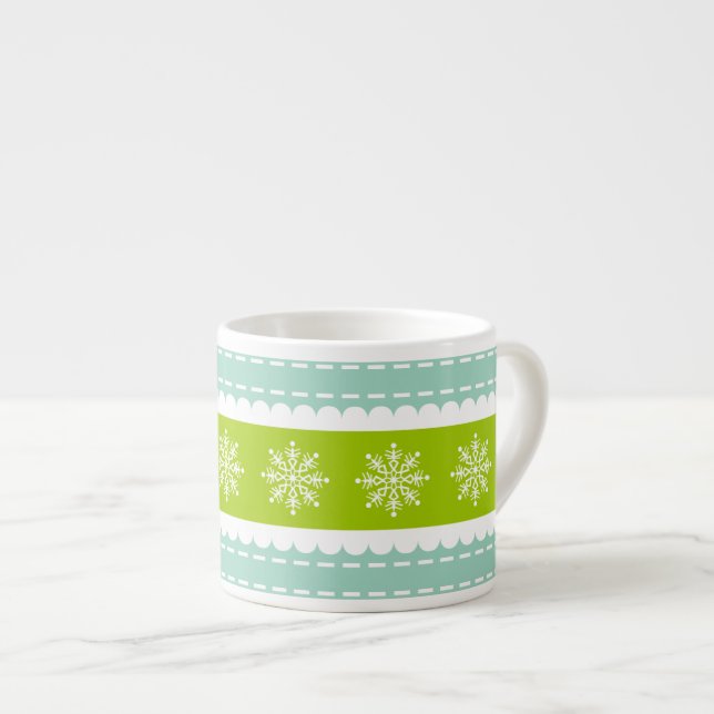 Tasse Expresso Grandes vertes et bleues de Noël avec des flocons  (Devant droit)