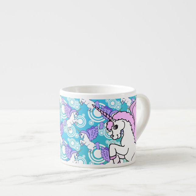 Tasse Expresso Graphique rose et blanc de licorne (Devant droit)