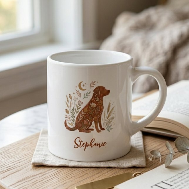 Tasse Expresso Graphisme de chien céleste floral bohème (Boho floral dog silhouette mug — unique holiday gift idea for the dog mom or animal lover.)