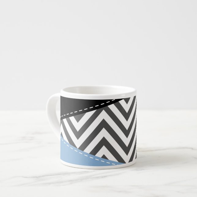 Tasse Expresso Gris Zigzag, Gris Chevron, Motif Zigzag, Bleu (Devant gauche)