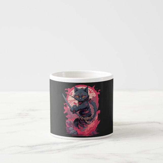 Tasse Expresso Guerrier Chat Ninja Noir Splash Feu Mignon (Devant)