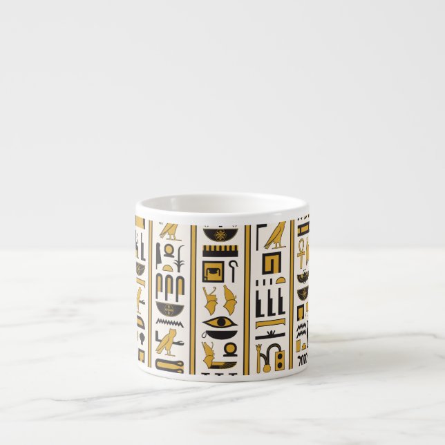 Tasse Expresso Hiéroglyphes égyptiens : Jaune-Noir Sans Seamless. (Devant)