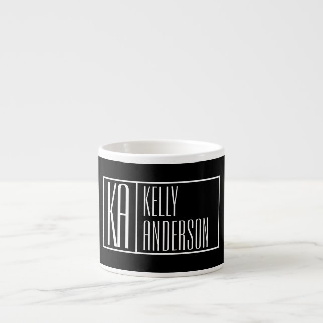 Tasse Expresso Initiales Modernes & Logo de Nom | Noir & Blanc (Devant)