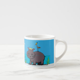 Tasse Expresso Ippopotame drôle mignon avec dessin animé d'oiseau
