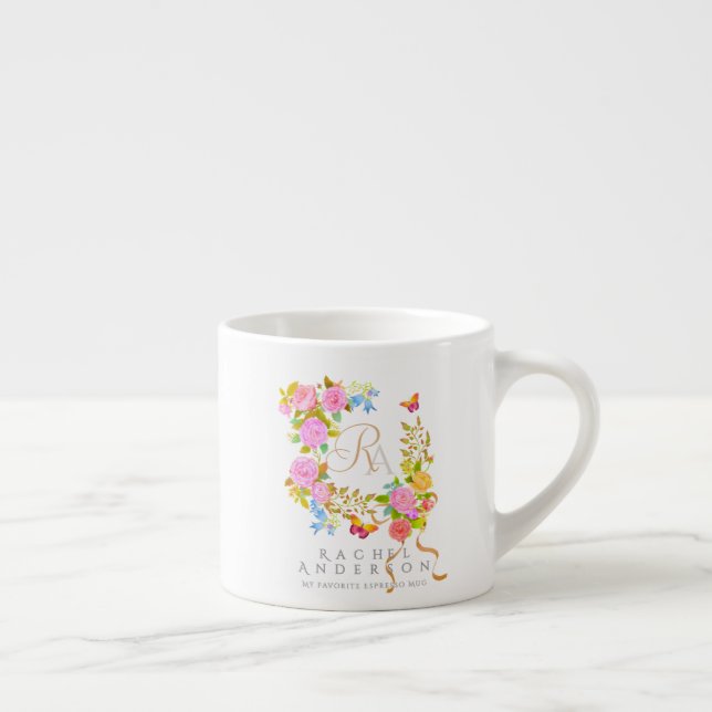 Tasse Expresso Jardin fleuri romantique avec monogramme  (Droite)