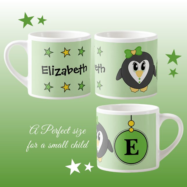 Tasse Expresso Jaune de pingouin mignon vert avec étoiles enfant (Créateur téléchargé)