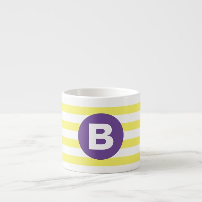 Tasse Expresso Jaune Ensoleillé Rayé Monogramme Violet (Devant)