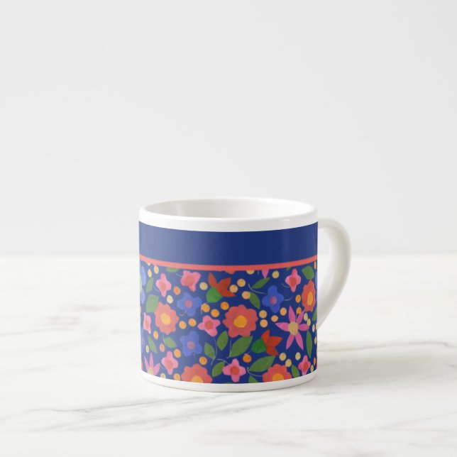 Tasse Expresso Joli style d'art populaire Floral sur Blue Espress (Devant droit)