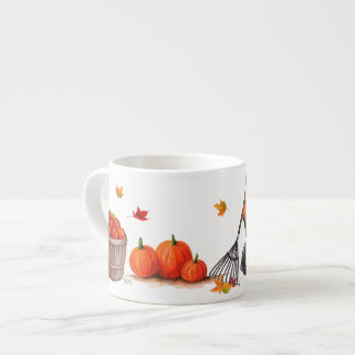 Tasse Expresso Jour d'automne avec les pommes et le râteau de