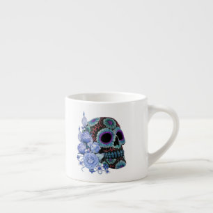 Tasse Expresso Jour noir floral bleu de crâne de sucre des morts