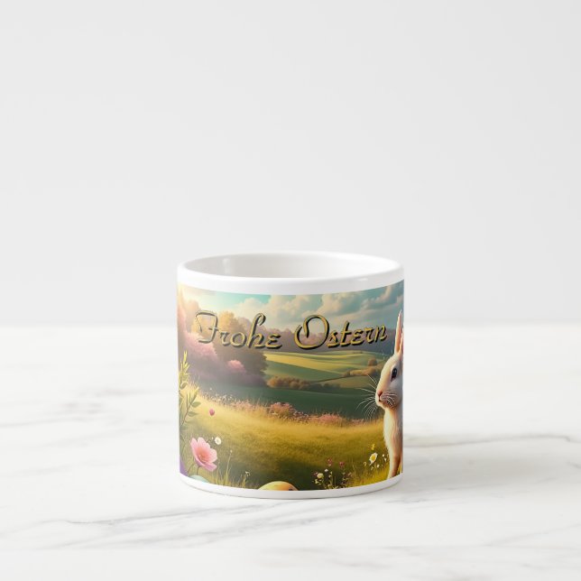 Tasse Expresso Joyeuses Pâques dans un paysage printanier (Devant)