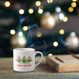 Tasse Expresso Joyeux Xmas Aquarelle Arbres - Cadeau de vacances