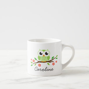 Tasse Expresso Le hibou vert mignon sur la branche florale a