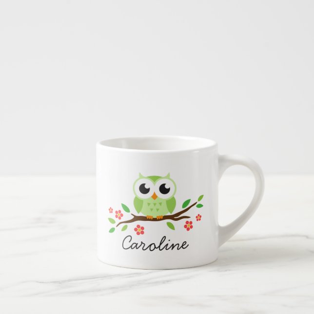 Tasse Expresso Le hibou vert mignon sur la branche florale a (Droite)