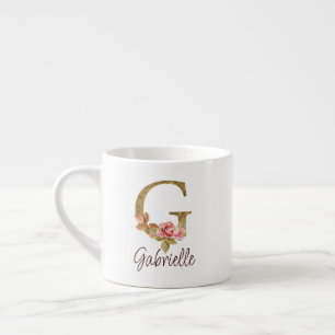 Tasse Expresso Lettre de nom personnalisée G Roses roses blush en