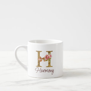 Tasse Expresso Lettre de nom personnalisée H Roses roses blush en