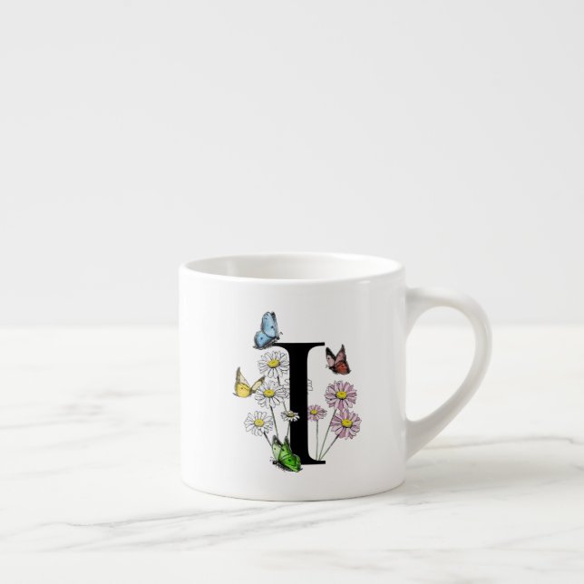 Tasse Expresso Lettre I Monogramme Papillon Floral Initial  (Droite)