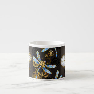 Tasse Expresso Libellules Steampunk sur fond rayé marron