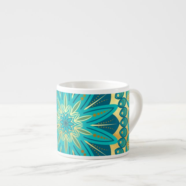 Tasse Expresso Mandala de fleurs bleu or (Devant droit)