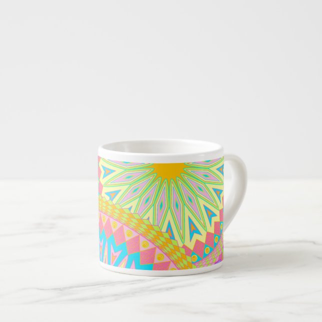 Tasse Expresso Mandala superposé rose bleu jaune menthe violet (Devant droit)