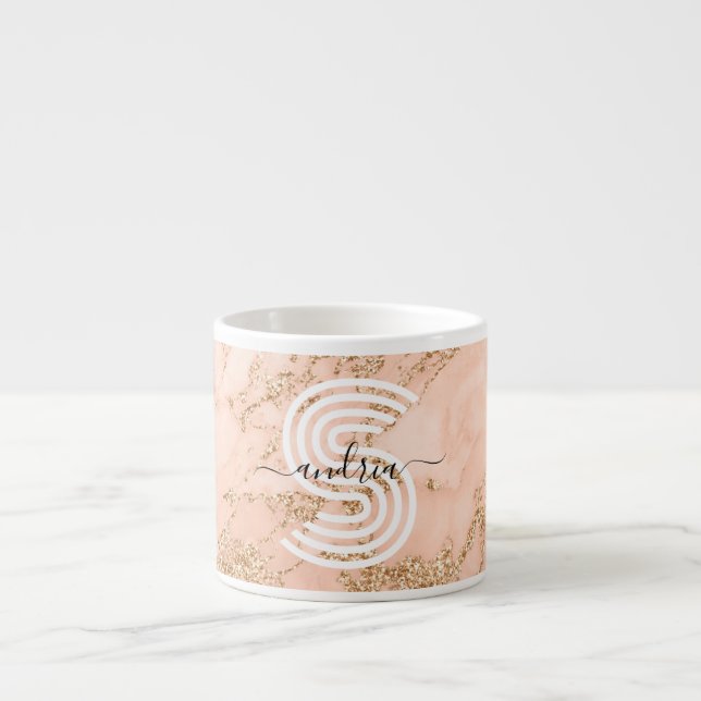 Tasse Expresso Marbre Pailleté Rose Gold, Nom en Écriture Monogra (Devant)