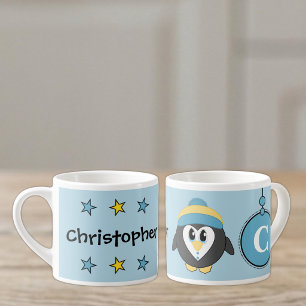 Tasse Expresso Mignon pingouin bleu jaune avec étoiles enfant